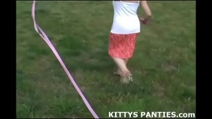 I love blowing bubbles in my tiny little miniskirt